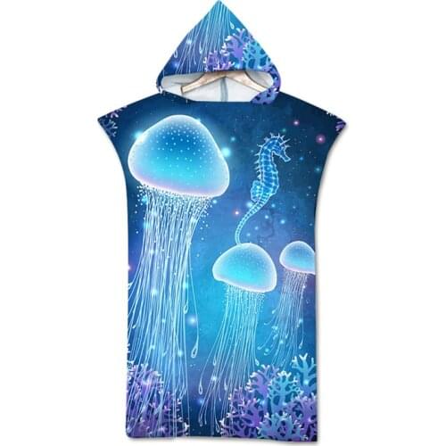 Hooded Beach Towel Microfiber Jellyfish Print Changing Bath Robe Poncho Surf Towel for Swimming Beach Soft Adult Bathrobe