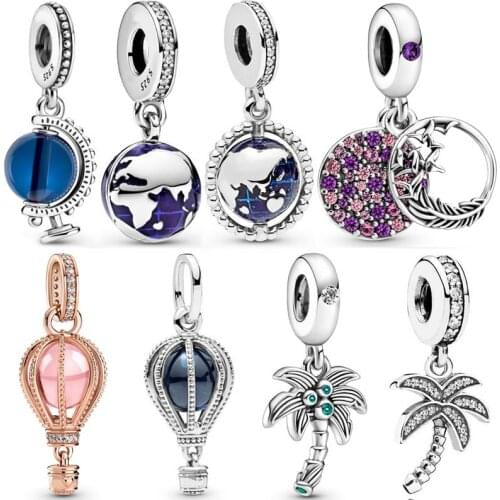 Pink Hot Air Balloon Blue Globe Palm Tree & Coconuts Pendant Bead 925 Sterling Silver Charm Fit Pandora Bracelet Diy Jewelry