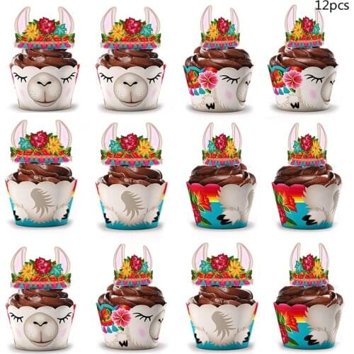 12set Cartoon Llama Alpaca Cupcake Wrapper Topper Candy Box Kids Birthday Party Supplies Wedding Supplies
