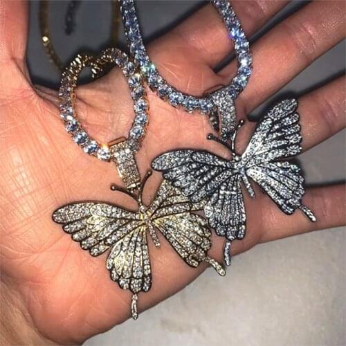 Women Aesthetic Rhinestone Butterfly Pendant Iced Out Necklace Silver Color Cuban Cubic Tennis Chain Necklace Hip Hop Jewelry