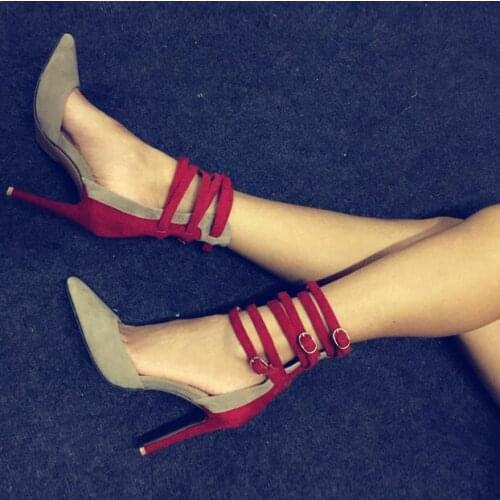KALMALL Mixed Colors Faux Suede High Heels Shoes Ankle Buckle Strap Women Pumps Sexy Pointed Toe Stiletto Heels Women Sandals