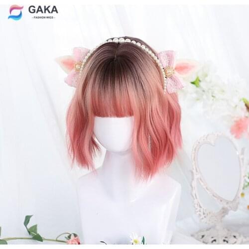 GAKA Pink Ombre Cosplay Synthetic Bob Wigs with Bangs for Women Dark Root Gradient Natural Lolita Hair Short Wavy Wigs