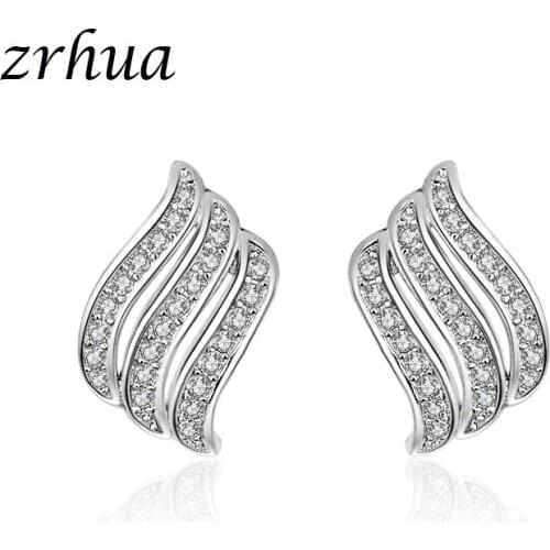 ZRHUA New 925 Sterling Silver Stud Earrings Paved Shiny Cubic Zirconia Ear Brincos Free Shipping For Womens Gift Hot Sale