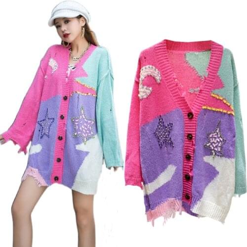 2021 Autumn and Winter Colorblock Hole Sweater Heavy Work Sequins Diamonds Cardigan Loose Long Sleeve Casual Coats For Lady