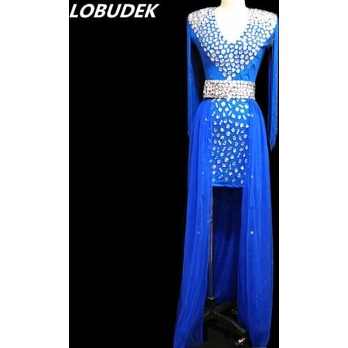 Female Crystals Costume Full Rhinestones Blue Red Tassels Long Dress Sexy Womens Singer Host Stage Outfit Nightclub DS Costume