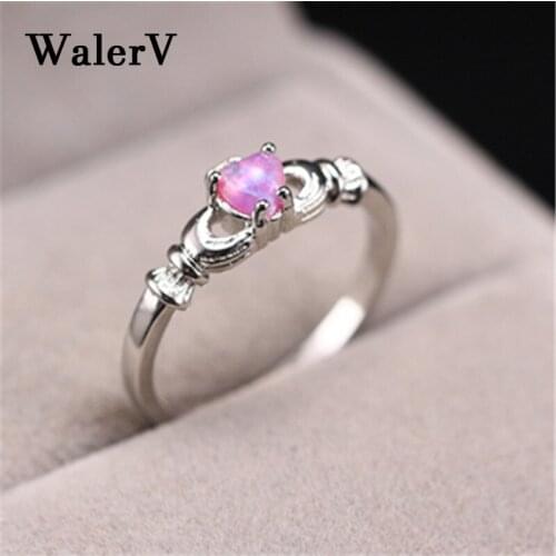 WalerV New Black Gold Ring for Women Set Fashion Charm Heart Shape Pink Fire Opal Stone Wedding Jewelry Gift