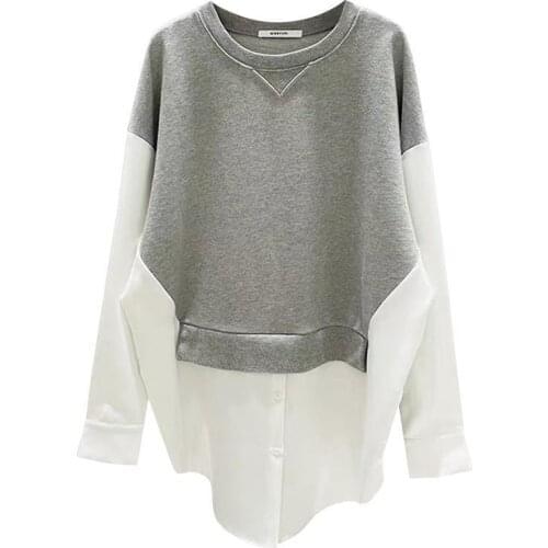 Womens Fake Two-Piece Sweater Autumn Korea Style Long Inch sleeves o Neck Ladies Jumper Solid Casual Pullover for Female