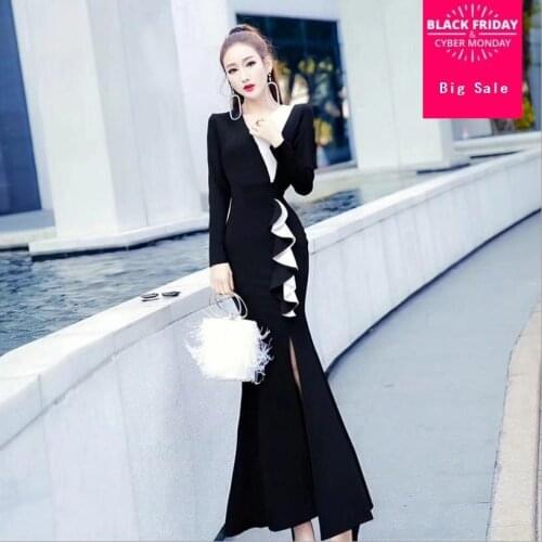 Autumn ladies new fashion dress reffles Slim was thin split Trumpet dress women casual patchwork high waist mermaid dress L1279