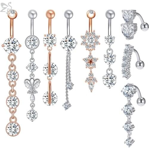 ZS 1 PC Shiny Zircon Butterfly Flower Belly Ring Long Pendant Belly Piercings 14g Sexy Belly Button Rings Ball Piercing Jewelry