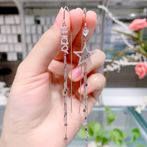 1Pair Silver 925 Earrings for Women 2021 Trend 925 Sterling Silver Earrings Star LUCKY Piercing Ear Cuffs Long Hanging Earrings