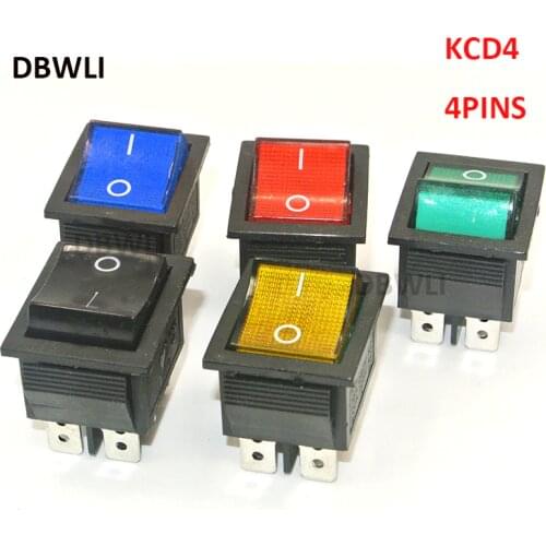 5PCS KCD4-202 DPST rocker switch power switch 4 feet with red green blue yellow light 31x25mm 20A 125VAC 16A 250VAC