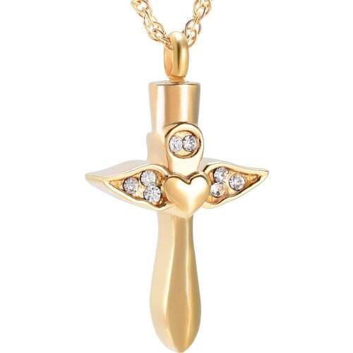 Angel Wings Heart Cross Cremation Urn Pendant Necklace Memorial Ashes CZ Crystal Cross Keepsake Cremation Jewelry for Women/Men