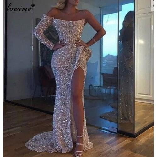 Arabic Pink Glitter Evening Dresses Long One Shoulder Sexy Prom Dresses Evening Wear HIgh Cocktail Dresses Women Party Night