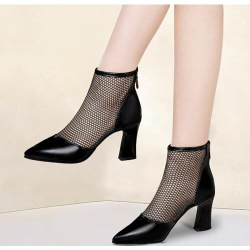 Sandals 2021 new female thick heel Korean net boots Female shoes hollow pointed high heels Baotou sandals for women