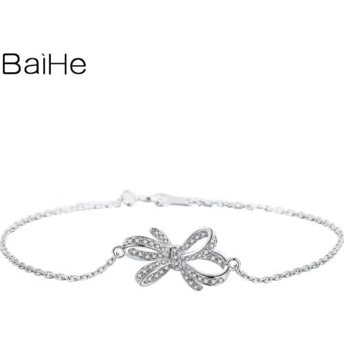 BAIHE Solid 18K White Gold 0.16ct H/SI Natural Diamonds Bracelet for Women Trendy Fine Jewelry Beautiful bow Bracelet браслет