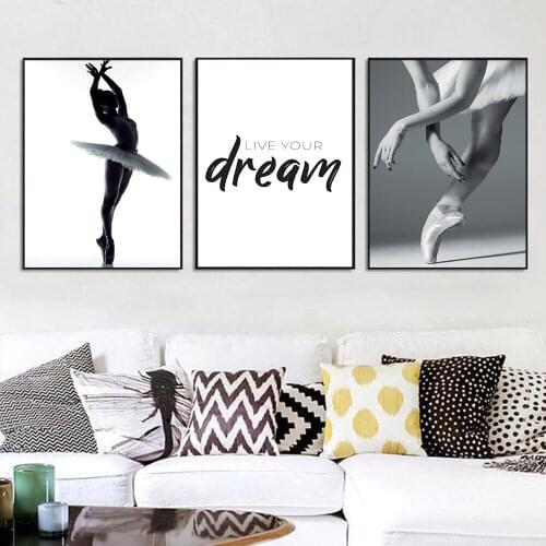 Young Beautiful Ballerina Black and White Art Poster Dream Quote Vintage Pictures for Living Room Bedroom Home Wall Decoration