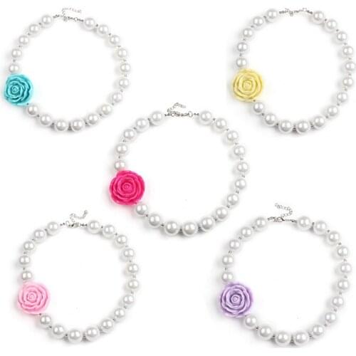 Kids Girls Resin Flower 16mm Pearl Necklace DIY Hand Made Chunky Bead Strand Chokers Bubblegum Necklace Gift Jewelry Accessories