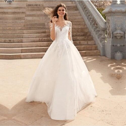Eightale Wedding Dress with Long Sleeves Appliques Lace A-Line Custom Made Boho Wedding Gowns Tulle Sweep Train Bride Dresses
