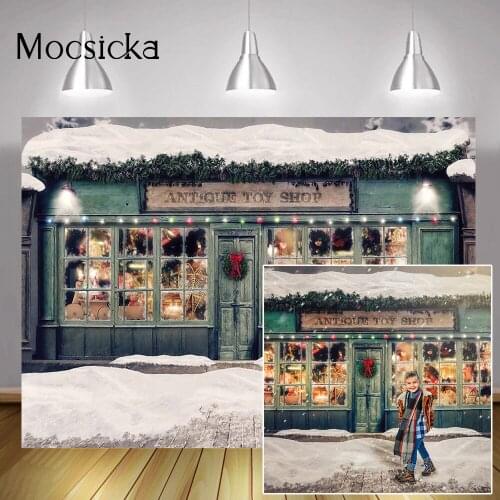Christmas Toy Shop Banner Backdrop Decorations Winter Retro Store Photoshoot Snow Field Kids Birthday Portrait Background Studio