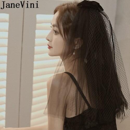 JaneVini Gothic Black Wedding Veil Short Bow Net Cut Edge Bridal Veil voile de mariee 2020 Wedding Accessories brautschleier
