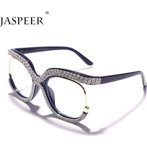 JASPEER Retro Square Optical Glasses Frames Men Women Crystal Luxury Glasses Clear Lens Eyeglasses Frame Diamond Eyewear