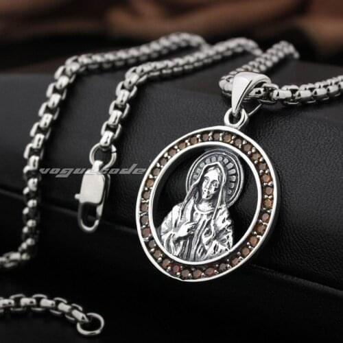 LINSION Red CZ Surround Virgin Mary JESUS 925 Sterling Silver Charms Pendant 8N023