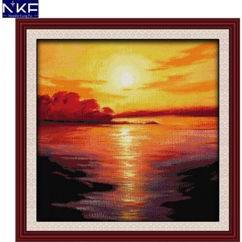 NKF Sea In Twilight Stamped Cross Stitch Pattern DIY Kit Needlework Embroidery Sets Chinese Cross Stitch for Home Decor