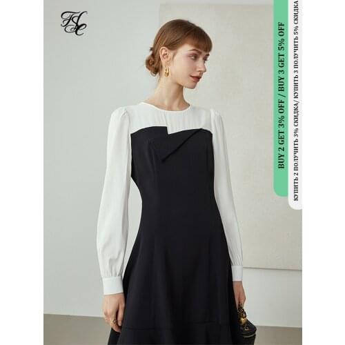 FANSILANEN Dresses Fake Two Early Autumn Temperament Dresses Black White Stitching Mermaid Skirt Long Sleeve Round Neck Skirt