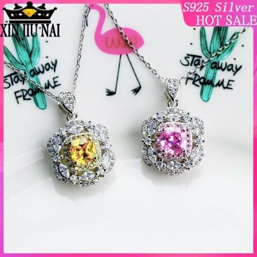 S925 sterling silver net red with the same simple wild super sparkling Pink romantic princess square gemstone female pendant