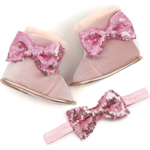 New Thick Baby Winter Boots Toddler Newborn Solid Color Baby Shoes First Walkers + Hairband Keep Warm Snowfield Booties for Girl