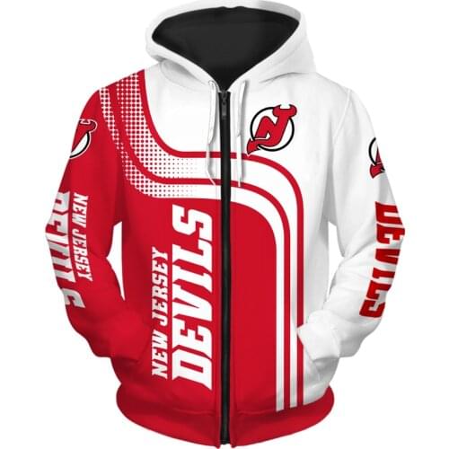 New Jersey mens Fashion Long Sleeve 3D Devils Zip Hoodies Red Curve White Arrow Print Sweatshirt