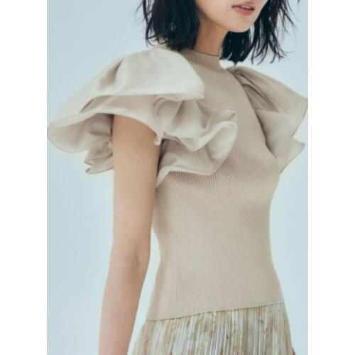 Multi-layer Fungus Butterfly Sleeve Design Pullovers Stand Collar Slim Knitted Stretch Tee Japan Style Sweet Elegant Summer Tops