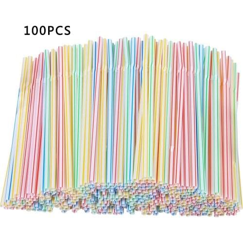 100Pcs Mixed-Color Plastic Straws 20.5cm Bendable Disposable Straws Stripe Beverage Drinking Straw Party Bar Drink Accessories