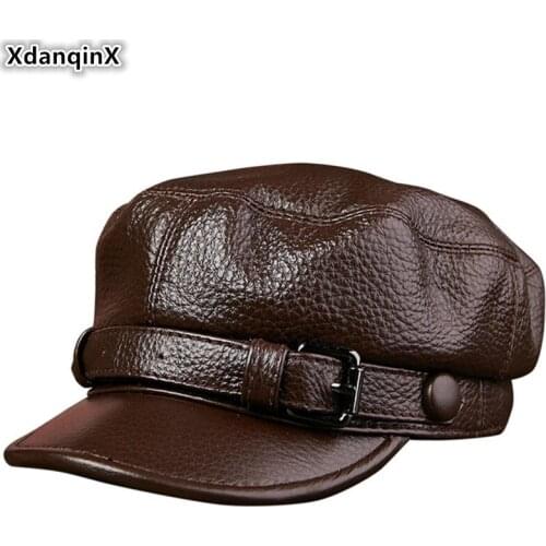 XdanqinX Elegant Lady Genuine Leather Hats Cowhide Leather Army Military Hat Mens Flat Cap New Fashion Couple Caps Student Hat