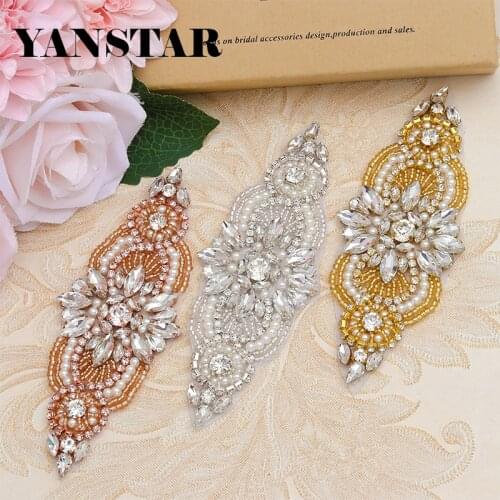 YANSTAR (2pcs) Handmade Beaded Rose Gold Rhinestones Appliques Patch Sewing On For Wedding Dress Sash DIY Bridal Belt YS844