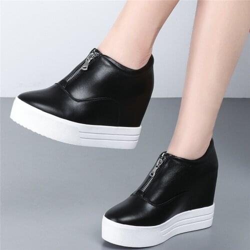 10cm High Heel Fashion Sneakers Women Genuine Leather Wedges Platform Ankle Boots Female Slip On Round Toe Creepers Casual Shoes