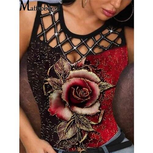 2021 Summer Casual Vest T Shirt Women Fashion Flowers Multicolor Rose Print Sleeveless Floral Printed Hollow Out Sexy Tank Top