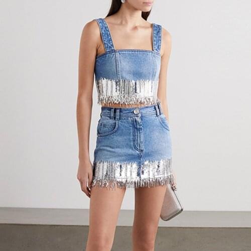 2020 New Womens Suit Tassel Sequined Strap Denim Short Crop Top Vest Mini Skirt Casual Summer Blue Two-piece Set Womens Suit