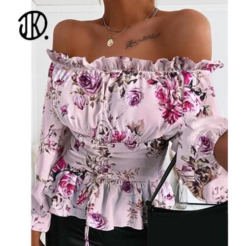 Flower Print Female Off-shoulder One-line Collar Pullover Ruffled T Shirt Spring Full-sleeve Corset Waist Sexy Lace Up Lady Tops