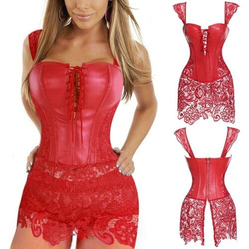 Womens Sexy Overbust Corset Lace Up Front Punk Faux Leather Bustier Corset Dress Waist Cincher Lingerie with G-String Plus Size