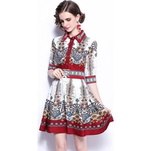 Fashion Designer Summer Party Dresses Women Single-Breasted High Waist Lace-Up Flower Print Vintage Shirt Mini Dress k6406