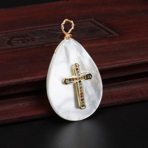 Rainbow cz cubic zircon pave religious cross charm natural white water drop abalone shell bead pendant choker necklace for women