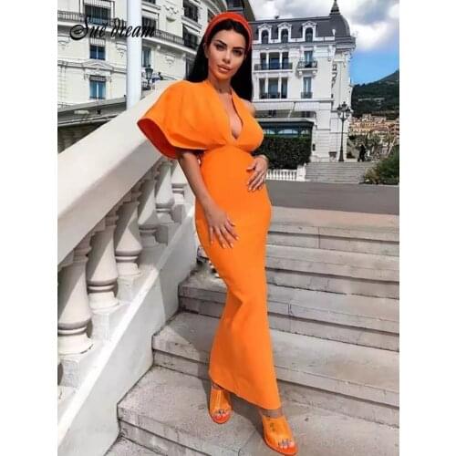 2020 Summer New Womens Dress Deep V-neck Bandage Dress Sexy Bodycon Elegant Club Celebrity Party Orange Dress Vestidos