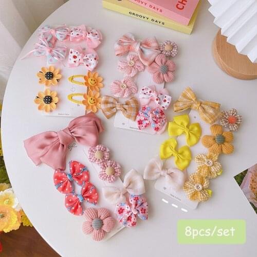 8pcs/set Cute Cartoon Hairpin Children Dot Plaid Floral Knit Cotton Bowknot Bangs Side Clip Headwear Gift for Girls