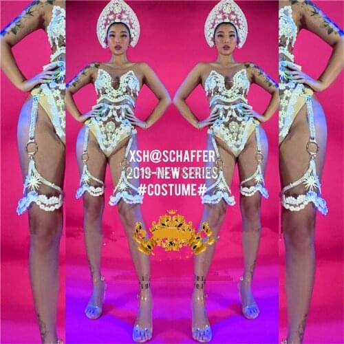 Ballroom bar sexy lady catwalk show model costume with headdress nightclub stage performance dance team bikini bra party dress