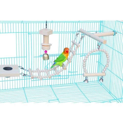 Bird Cage Swing Ladder T Play Stands Toys Hanging Parrot Perches Platform with Bird Feeder Chewing Wooden Block Bell Beads Toys