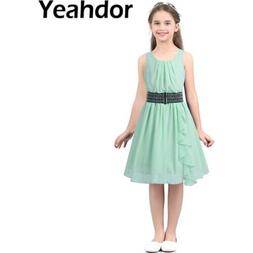 Kids Girls Chiffon Sleeveless Pleated Ruffled Dress with Belt Flower Girl Dress for Wedding Pageant Birthday Party Summer Casual