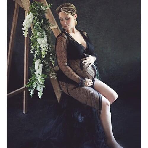 Don&Judy Women Photography Props Tulle Maternity Dresses Full Sleeves Perspective Pregnancy Dress Studio Shoot Photo Props