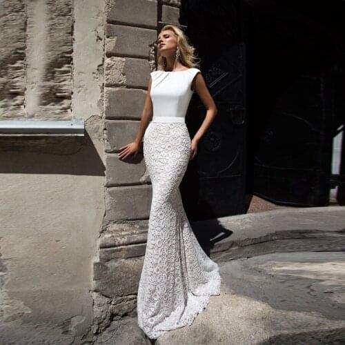 Elegant O-neck Pleat Satin Lace Skirt Sexy Backless Wedding Dress Mermaid Sweep Train Bridal Gowns vestido de noiva 2020