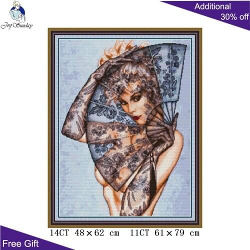 Joy Sunday Beauty Folding Fan RA343 14CT 11CT Counted and Stamped Home Decor Beautiful Woman Embroidery DIY Cross Stitch kits
